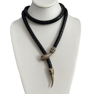 Signed DL Auld exotic golden snake head & tail black shiny mesh necklace